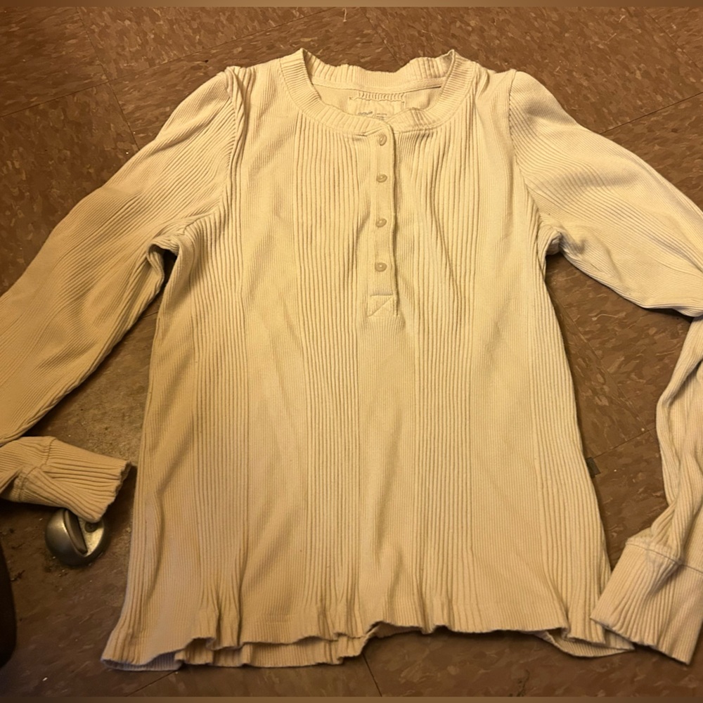 Aerie Cream Ribbed Mandarin Collar Blouse